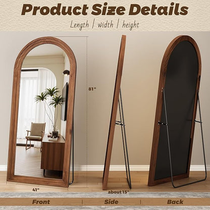 Antok Full Length Mirror with Solid Wood Frame, 81"×41" Wall Mounted Oversized Floor Mirror with Stand, Leaning Standing Hanging for Bedroom Living Room Entryway, Brown, Arched Syle