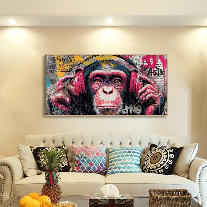 Sorbrozo DJ Gorilla Street Wall Art Print - Colorful Graffiti Canvas Painting with Headphones Music Theme Wall Decor for Boys Room Home and Office 20x40in