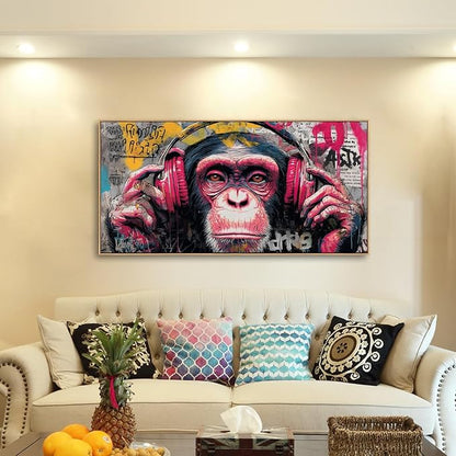 Sorbrozo DJ Gorilla Street Wall Art Print - Colorful Graffiti Canvas Painting with Headphones Music Theme Wall Decor for Boys Room Home and Office 20x40in