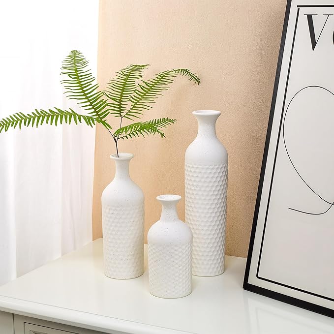 Small White Vases for Home Decor, Decorative Ceramic Vase Set, Matte Finish Honeycomb Texture, Modern Farmhouse Vases for Coffee Table, Bookshelf, Kitchen, Bathroom, Office Desk Decor
