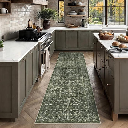 2x8 Green Runner Rug Hallway Washable Area Rugs Kitchen Vintage Boho Non Slip Long Rug Floral Carpet Indoor Retro Soft Low Pile Throw Rug for Bedroom Bathroom Laundry Dining Living Room Office