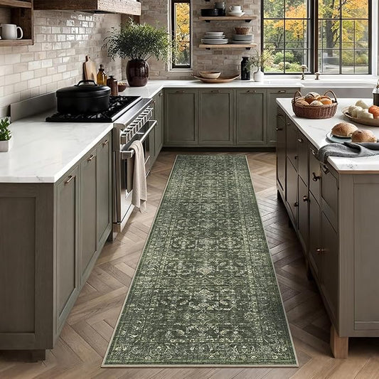 2x8 Green Runner Rug Hallway Washable Area Rugs Kitchen Vintage Boho Non Slip Long Rug Floral Carpet Indoor Retro Soft Low Pile Throw Rug for Bedroom Bathroom Laundry Dining Living Room Office