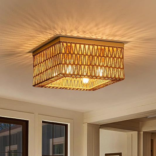 Rpzloila Rattan Ceiling Light, 4-Light Boho Light Fixture, Square Flush Mount Ceiling Light for Bedroom, Hallway, Entryway, Kitchen, Living Room