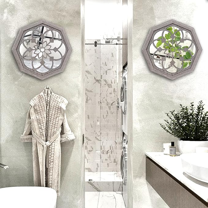 ZOLAPI 2 PCS Octagon Wall-Mounted Mirrors,Vintage Farmhouse Mirror for Wall Decor,Barn Wood Color Decorative Accent Mirror for Foyer, Bathroom, Bedroom. (12”x12”)