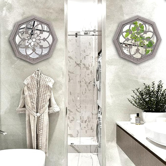 ZOLAPI 2 PCS Octagon Wall-Mounted Mirrors,Vintage Farmhouse Mirror for Wall Decor,Barn Wood Color Decorative Accent Mirror for Foyer, Bathroom, Bedroom. (12”x12”)