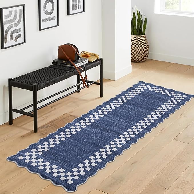 Washable Runner Rug 2x10 Modern Bordered Hallway Runner Rug Non Slip Kitchen Throw Carpet Checkered Bathroom Entryway Runner Rugs Low Pile Solid Area Rugs for Living Room Bedroom Nursery Sink, Blue