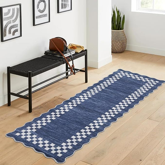 Washable Runner Rug 2x10 Modern Bordered Hallway Runner Rug Non Slip Kitchen Throw Carpet Checkered Bathroom Entryway Runner Rugs Low Pile Solid Area Rugs for Living Room Bedroom Nursery Sink, Blue