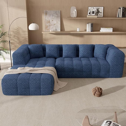 107" Modern Boneless Couch with L - Shaped Chaise, Comfy Chenille Modular Sectional Sofa with Tufted Design, Deep Seat Upholstered Sofa Bed, No - Assembly Sectional Couch, Blue