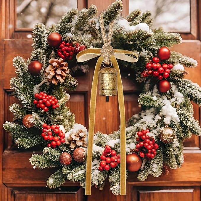 Suncalla 6 Pcs Rustic Gold Bells with 6 Pcs Khaki Velvet Bows Mini Handmade Hanging Ornament Decorative Antique Bells Velvet Bows for Xmas Tree Crafts Door Wreath Decoration DIY Party Supplies