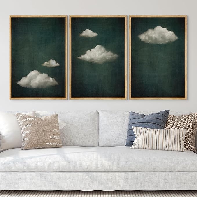 SIGNLEADER Framed Canvas Print Wall Art Set Vintage Cloudscape Dreamy Green Sky and Clouds Illustrations Boho Decorative for Living Room, Bedroom, Office - 16"x24"x3 Natural