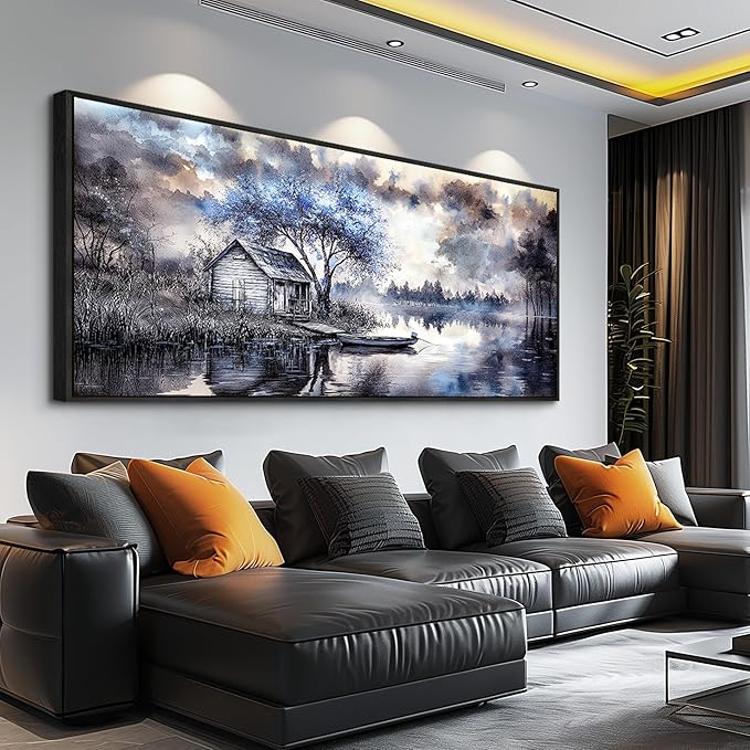 ERQINHUA Large Canvas Blue Tree Lakeside Landscape Painting Wall Decor For Living Room Restaurant Wall Art For Office Bedroom Artwork Pictures Modern Home Decor Ready To Hang Black Framed 32x72 In