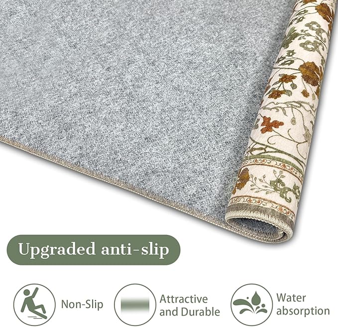 5x7 Floral Area Rug Washable Vintage Non Slip Girls Bedroom Rug, Soft Low Pile Stain Resistant Rugs for Dining Living Room,Beige White