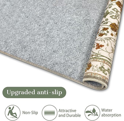5x7 Floral Area Rug Washable Vintage Non Slip Girls Bedroom Rug, Soft Low Pile Stain Resistant Rugs for Dining Living Room,Beige White