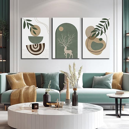 Boho Sun Canvas Wall Art Set of 3, Neutral Abstract Minimalismt Bohemian Geometric & Botanical Plants Pictures Prints Artwork Paintings Wall Decor for Bedroom Living Room Home Decoration 24x36 inches