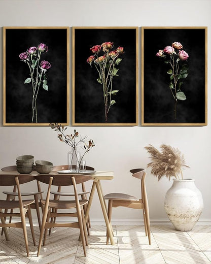 Drsoum Vintage Dark Moody Flower Bouquet Wall Art Framed Retro Wildflower Botanical Prints Modern Nature Plant Floral Rustic Artwork Bedroom Living Room Ready to Hang 24x36in Natural Framed