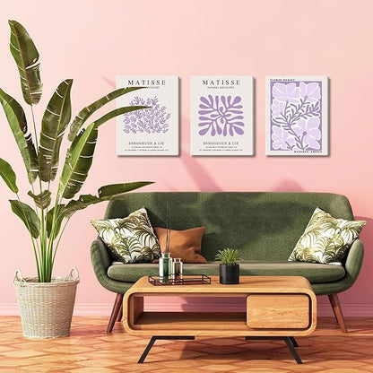 Framed Purple Matisse Wall Art Set of 3, Abstract Henri Matisse Canvas Wall Decor Paintings, Light Purple Flower Market Room Aesthetic Posters Prints for Living Room Bedroom Bathroom 12x16 In
