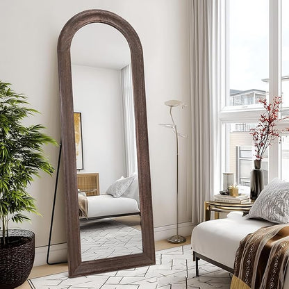 Solid Wood Full Length Mirror - 65"x22" Arched Floor Mirror, Free Standing & Wall Mounted - Elegant Design for Bedroom, Dressing Room, Hallway, Brown