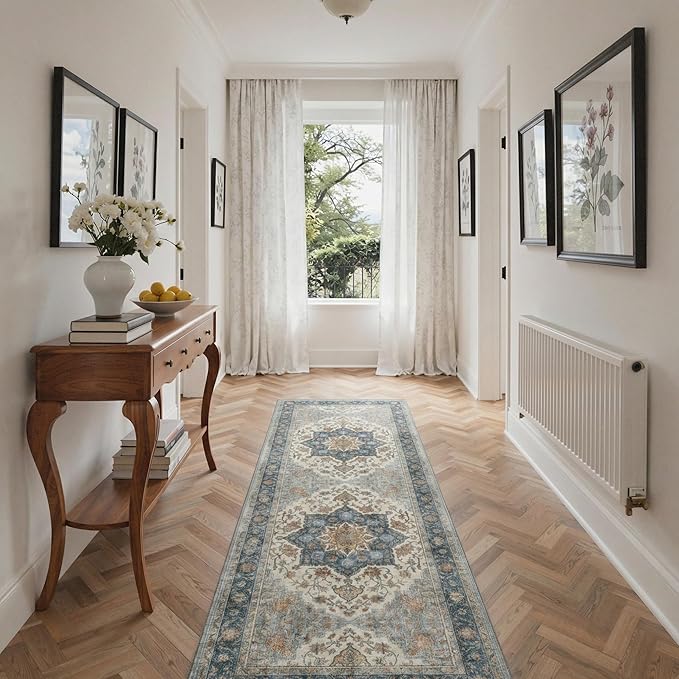 GENIMO 8x10 Area Rugs for Living Room, Machine Washable Non Slip Rugs, Low Pile Lightweight Print Rug for Bedroom, Dining Room, Home Office, Vintage Blue Medallion