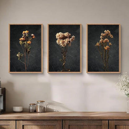 HOURIA Dark Moody Dried Floral Framed Canvas Wall Art Set,Vintage Mid Century Black Flower Wall Decor,Retro Boho Minimalist Wildflower Botanical Artwork for Living Room,Bedroom,Farmhouse- 24"x36"x3