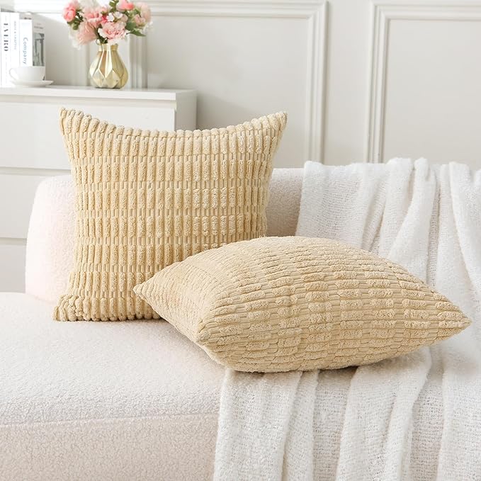 2 Pack Corduroy Decorative Throw Pillow with Inserts, 18x18 Inch Soft Boho Throw Pillow, Square Striped Throw Pillows for Couch, Bed, Sofa Decor (Creamy Beige)
