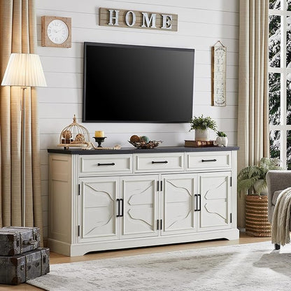 JXQTLINGMU TV Stand for TVs Up to 75", 66" Wide Entertainment Center with 4 Door & 3 Drawers, Media Console Table for Living Room, Off White
