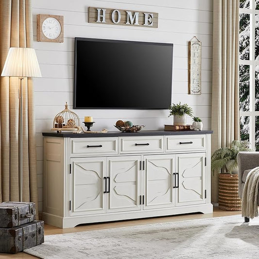 JXQTLINGMU TV Stand for TVs Up to 75", 66" Wide Entertainment Center with 4 Door & 3 Drawers, Media Console Table for Living Room, Off White