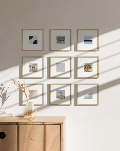 HAUS AND HUES 8x8 Gold Metal Picture Frames Matted to 4x4 - Premium Aluminum with Hanging Hardware, Shatterproof Plexiglass - Ideal for Home or Office (8x8 in, Gold, Set of 9)