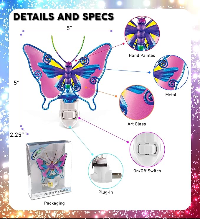 Puzzled Glass Art Night Light, Plug in Decorative Socket Lamp, Manual On & Off Portable Light for Stairway, Bedroom, Bathroom, Nursery, Home Accessory & Kitchen Decor - Butterfly