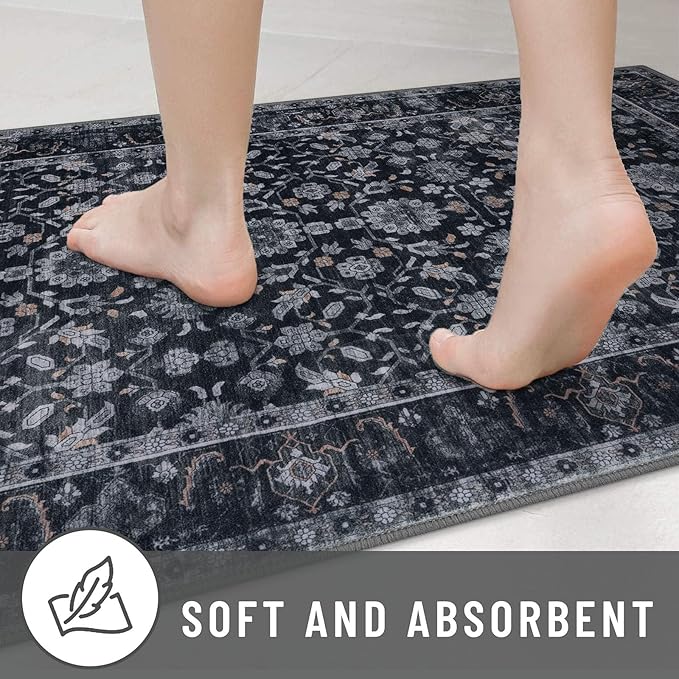 KUTA 3x5 Rugs for Entryway, Vintage Floral Area Rug Washable Non-Slip Black Grey Orange Ultra Thin Soft Printed Distressed Entry Low-Pile Throw Carpet for Bedroom Nursery Living Room