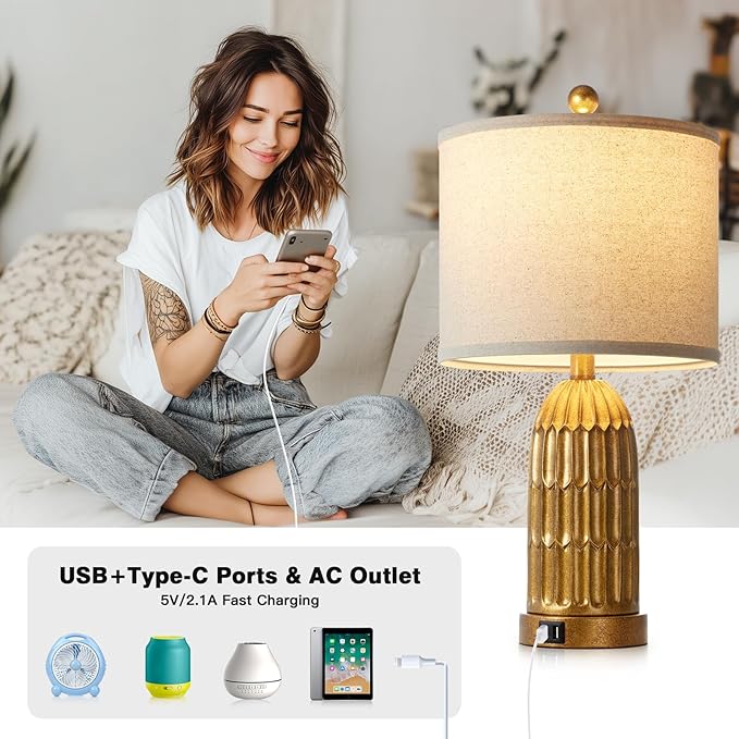Cinkeda Table Lamps for Bedroom Set of 2, Farmhouse 3-Way Dimmable Touch Nightstand Lamp with 2 USB Charging Ports, Vintage Rustic Traditional Bedside Lamp for Living Room End Table