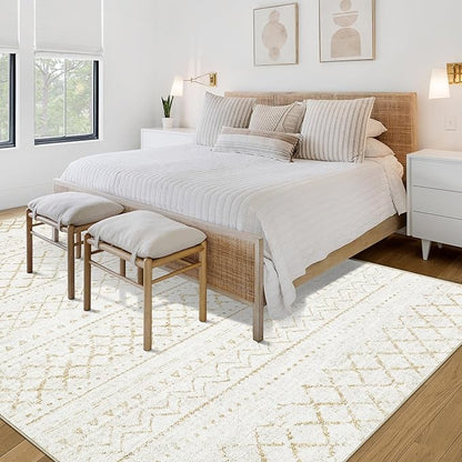 Area Rug 4x6 Geometric Rugs: Washable Boho Moroccan Rug Modern Neutral Stain Resistant Rugs Soft Farmhouse Indoor Floor Carpet for Living Room Bedroom Dining Table Nursery(Beige,4X6)
