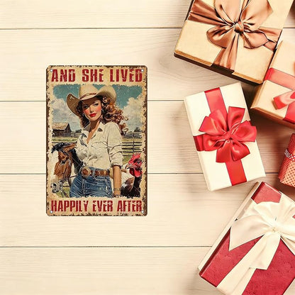 Cowgirl Vintage Tin Sign And She Lived Happily Ever After Funny Horse and Chicken Iron Painting Poster Wall Decor for Home Bar Club Coffee Shop 12x8 Inch