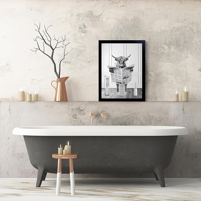 Black Framed Bathroom Decor - Funny Highland Cow Wall Art in Bathtub, Black and White Canvas Cow In Bathroom Picture, Humor Animals Bathroom Artwork Prints, Wall Decor Ready To Hang for Living Room,