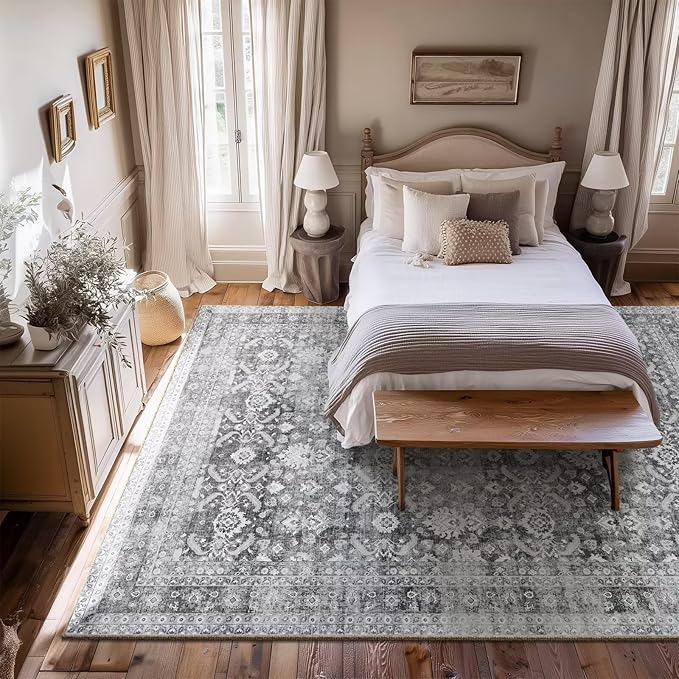 Washable 6x9 Area Rugs for Living Room, Boho Non-Slip Vintage Distress Large Rugs for Bedroom Dining Room Nursery Office, 0.3" Neutral Oriental Throw Thin Carpet, Grey/Multi, C5