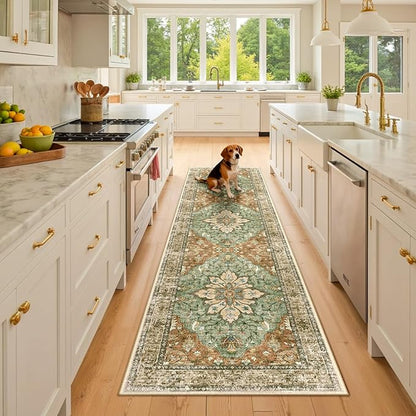 RELEANY Area Rugs 2'x8' Runner Rug Non Slip Washable for Kitchen Hallway Bedroom Beside Laundry Room Bathroom Rug, Floor Carpet, Brick Red Rust Neutral Brown Burnt Orange Green