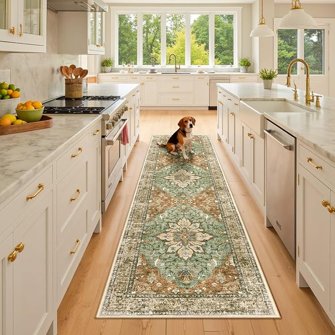RELEANY Area Rugs 2'6"x8' Runner Rug Non Slip Washable for Kitchen Hallway Bedroom Beside Laundry Room Bathroom Rug, Floor Carpet, Brick Red Rust Neutral Brown Burnt Orange Green