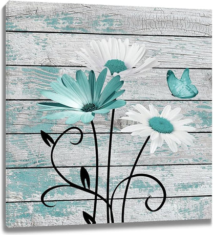 HVEST Farmhouse Teal Floral Wall Art for Living Room, Daisy and Butterfly on Rustic Wood Canvas Wall Art Country Nature Plant Flower Pictures for Bathroom Bedroom Home Wall Decor,12L X 12W inches