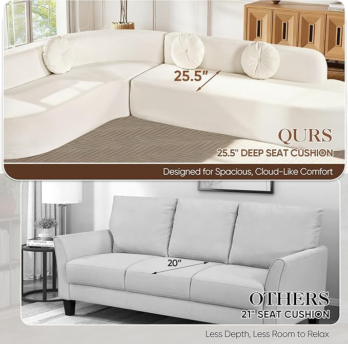 Deep Seat Curved Sectional Sofa - Cloud Round Couch with Elegant Curved Design & 3 Round Cushions, L-Shaped Comfy 4 Seater Floor Sofa, No Assembly Required (Beige)