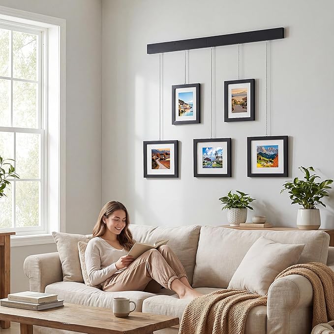 Solid Wood Collage Picture Frame Set of 5, Black Gallery Wall Hanging Frames with Adjustable Metal Chains, Displays Two 5x7 and Three 7x7 Photos,Ideal for Living Room, Hallway and Home Decor