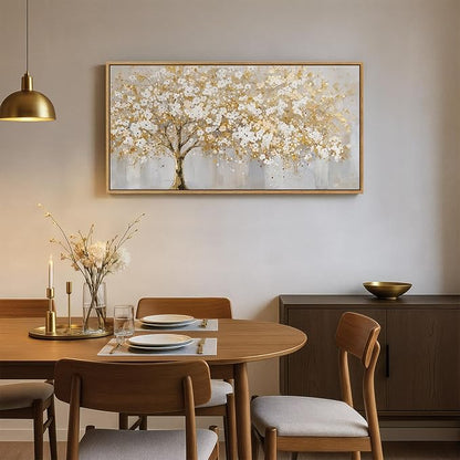 Large Framed Gold Tree Wall Art for Living Room, Neutral Gray White Canvas Painting for Modern and Elegant Home Decor, Golden Tree of Life Artwork for Bedroom Kitchen Dining Room Office, 20x40 Inch