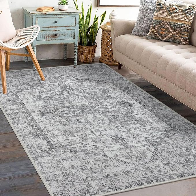 KOZYFLY Boho Area Rug 3x5 Ft Rugs for Entryway Washable Entry Rug Non Slip Door Mat Indoor Entrance Printed Faux Wool Throw Rugs for Entrance Kitchen Living Room, Gray
