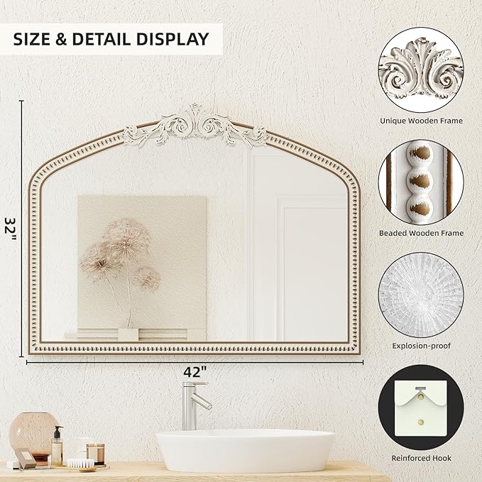 HOITUZYUS Large Baroque Arched Wall Mirror: 32x42 Inchces Wooden Mirror - Ornate Vintage Decorative Mirrors for Living Room, Entryway, Bedroom, Fireplacce