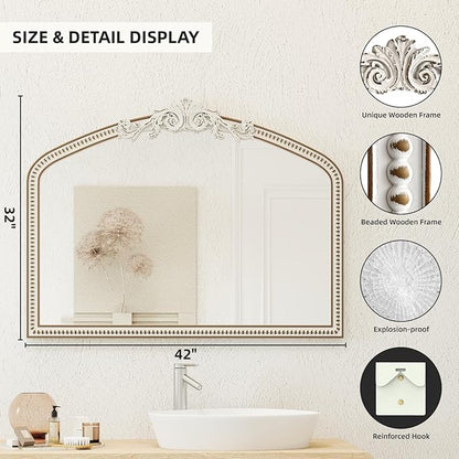 HOITUZYUS Large Baroque Arched Wall Mirror: 32x42 Inchces Wooden Mirror - Ornate Vintage Decorative Mirrors for Living Room, Entryway, Bedroom, Fireplacce