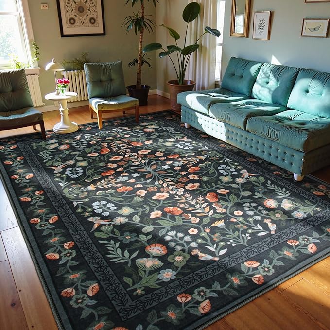 Lahome Black Floral Washable Area Rug 9x12, Extra Large Non Slip Stain Resistant Carpet for Living Room Dining Room, Low-Pile Soft Botanical Rug for Bedroom Office, Machine Washable Home Decor, Black