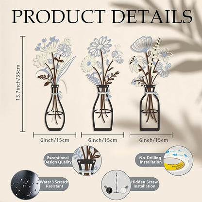 Iron Metal Vase Flower Wall Art Minimalist Black Floral Decor for Living Room Bedroom Kitchen, Office Garden - Modern Farmhouse Home Decor & Housewarming Gifts (Beige-Blue No Text)