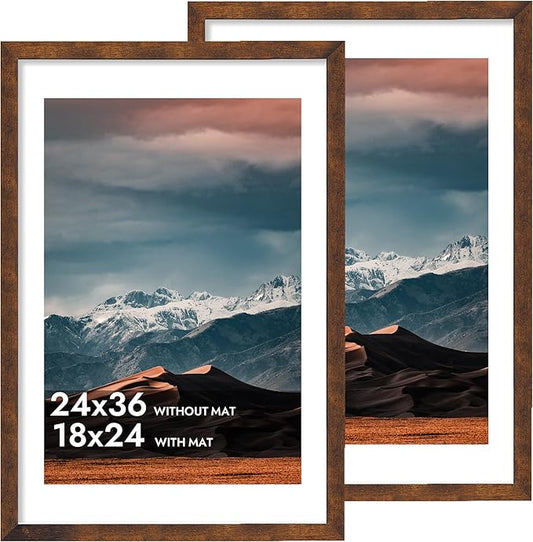 iRahmen 24x36 Poster Frame with 20x30 Mat - Plexiglass Wooden Picture Frames for Photo Wall Gallery Mounting (Dark Brown, Set of 2)