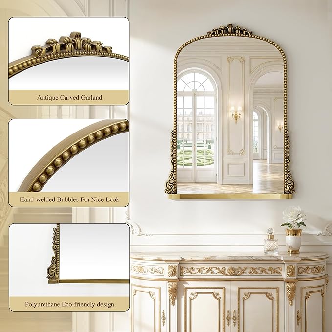 24x32 inch Arched Bathroom Mirror - Wall Vanity Mirror with Beautiful Retro Top and Bottom Engraving Process Frame, for Entryway, Fireplace, Living Room, Hallway or Wall Decor (Upgrade Tempered Glass)
