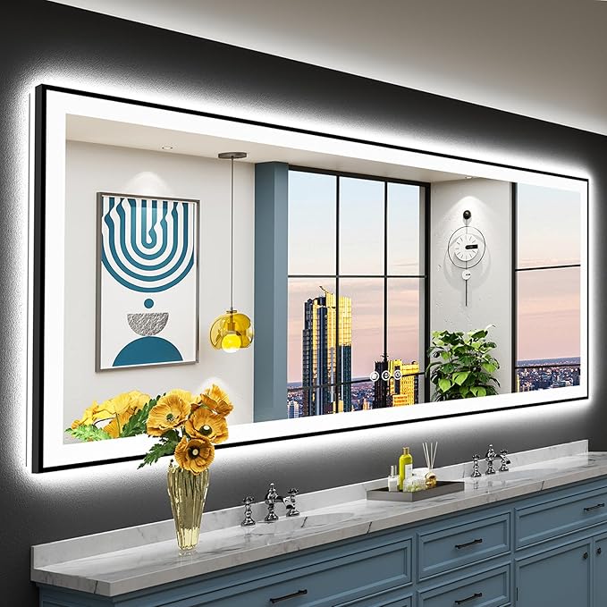 96x36 Black Framed LED Bathroom Mirror with Lights, Backlit and Front Lit Anti-Fog Lighted Vanity Mirrors for Bathroom Wall, Dimmable, 3 Colors, Memory, HD Tempered Glass, Horizontal/Vertical