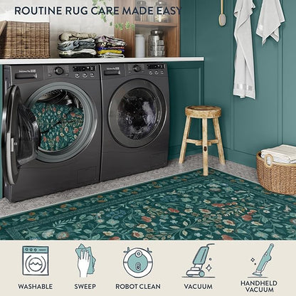 Lahome Floral Washable Area Rugs 8x10, Non-Slip Living Room Carpet Soft Tumble Washable Rugs for Bedroom Nursery, Vintage Botanical Print Carpet for Classroom Kids Room, Dark Green