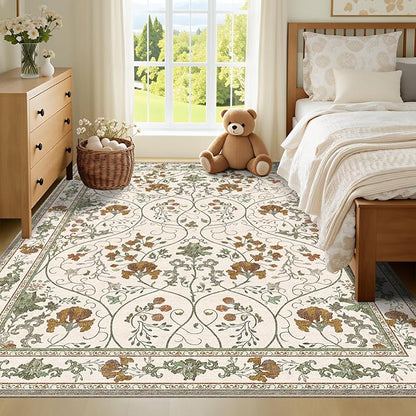 Area Rug 6x9 Machine Washable Vintage Floral Rugs for Living Room,Large Boho Non Slip Indoor Carpet for Bedroom Dining Room,Beige White